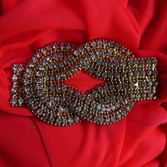 Cache Cocktail Dress Rhinestone Brooch Neon Red Ruched Padded Bra Zip Back USA 4 - Picture 12 of 15